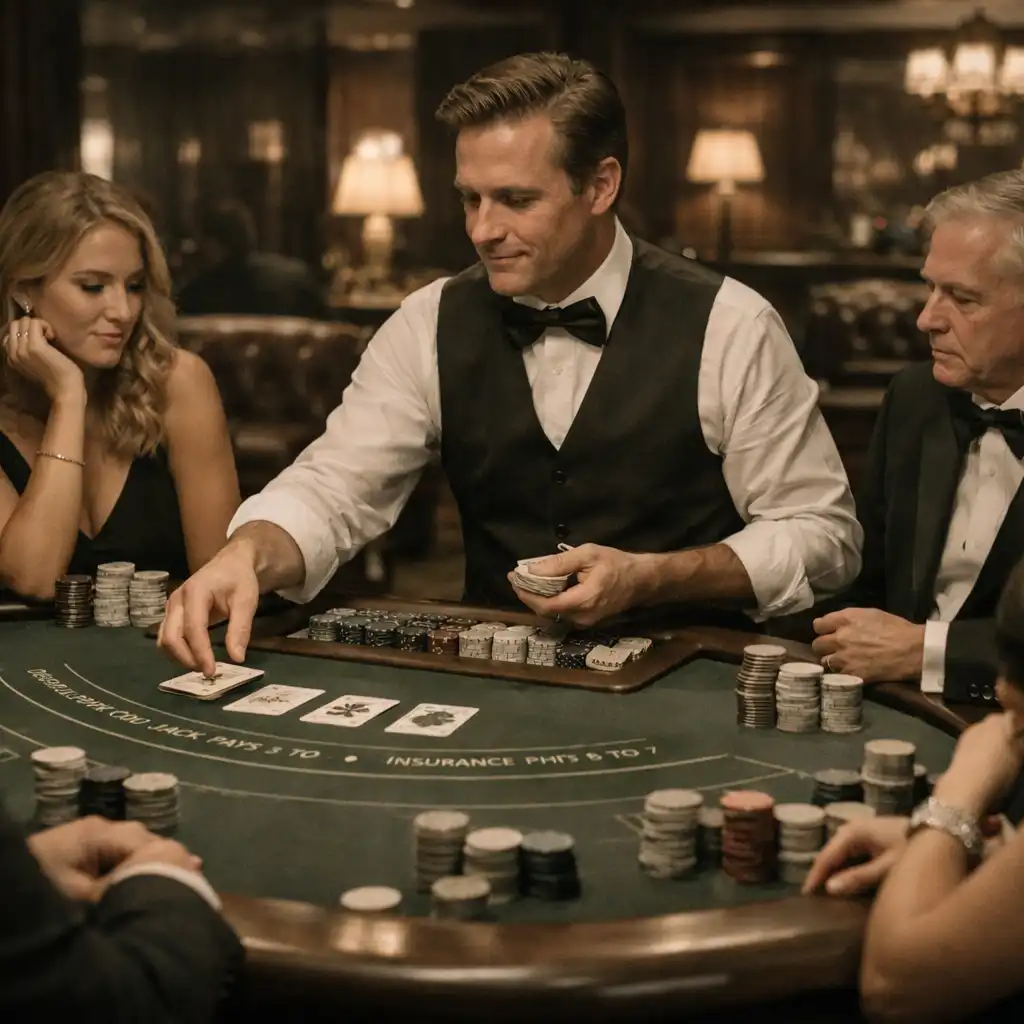 Blackjack-Tisch in der Casino Lounge mit Dealer und Gästen