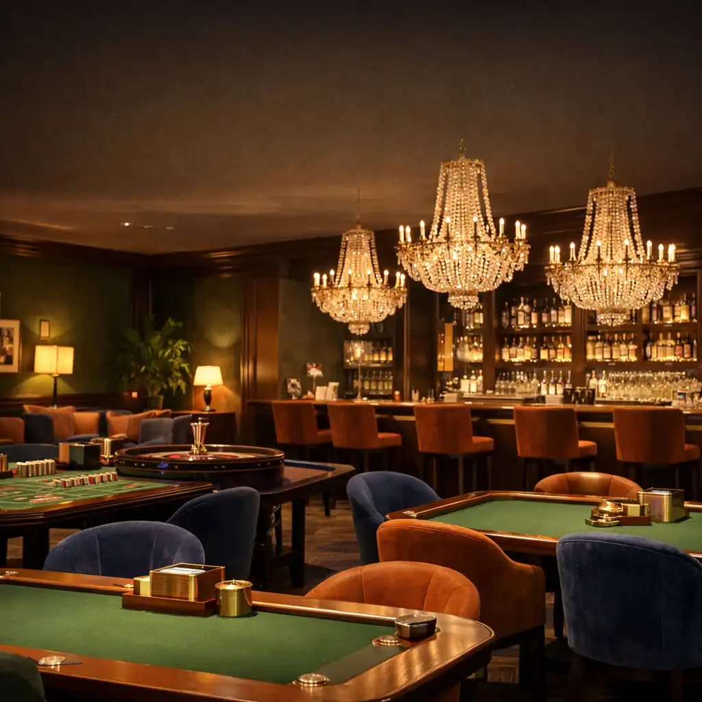 Elegante Casino Lounge von Gastro Lvex mit warmem Licht, edlen Tischen und ruhiger Atmosphäre