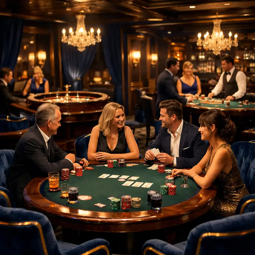 Elegante Casino Lounge eines lizenzierten Casinos mit Pokertisch, Roulette und Blackjack sowie Gästen im persönlichen Austausch