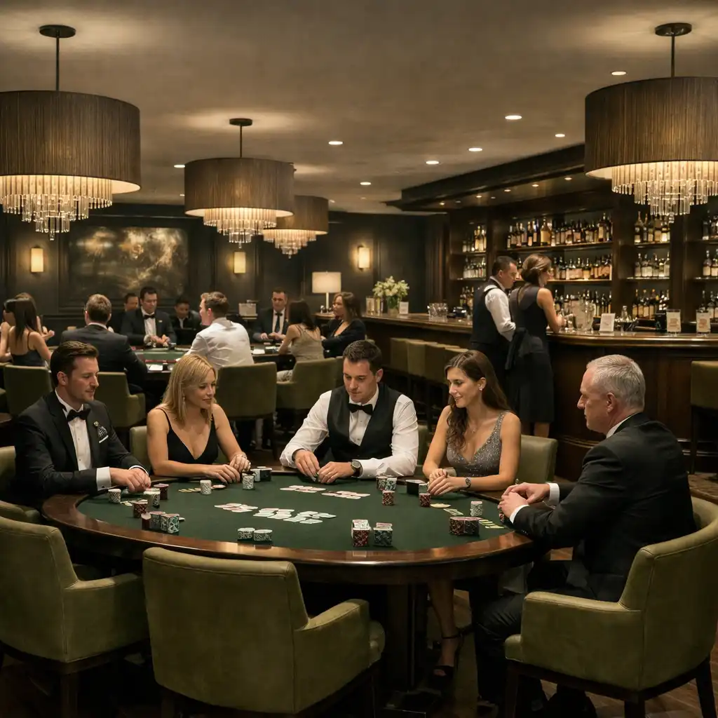 Weitwinkelaufnahme der exklusiven Casino Lounge mit Pokertischen, Bar und eleganter Abendgarderobe