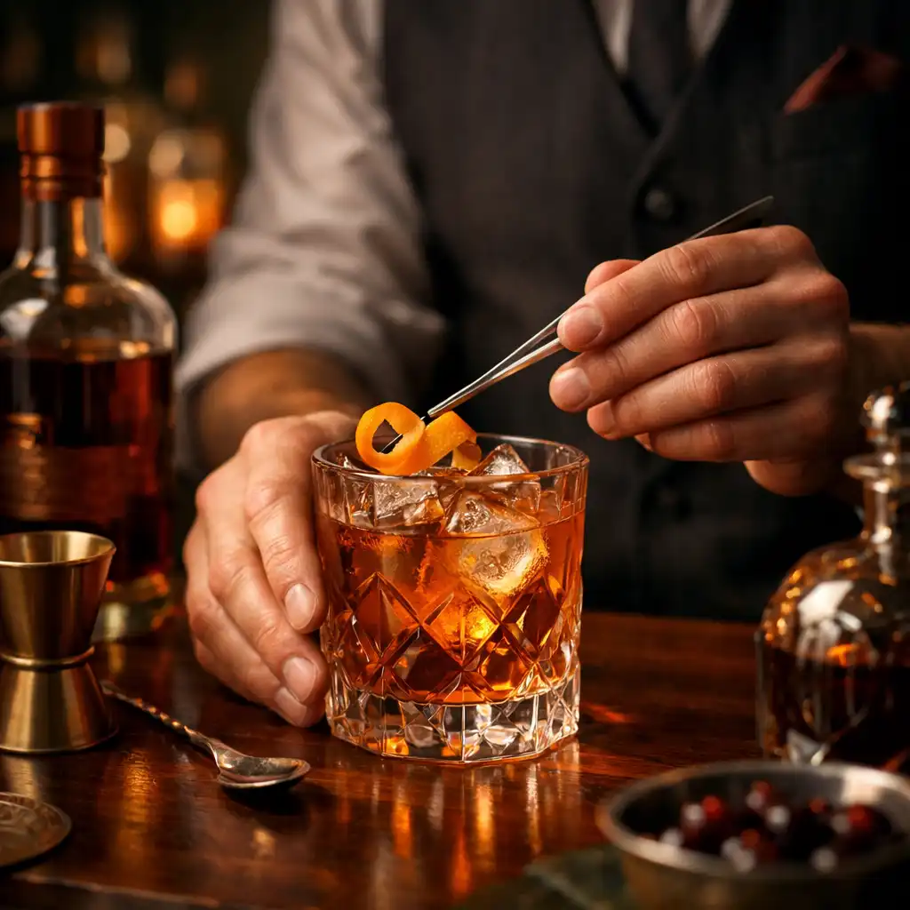 Barkeeper-Hände bereiten einen Signature-Cocktail in einer eleganten Bar zu