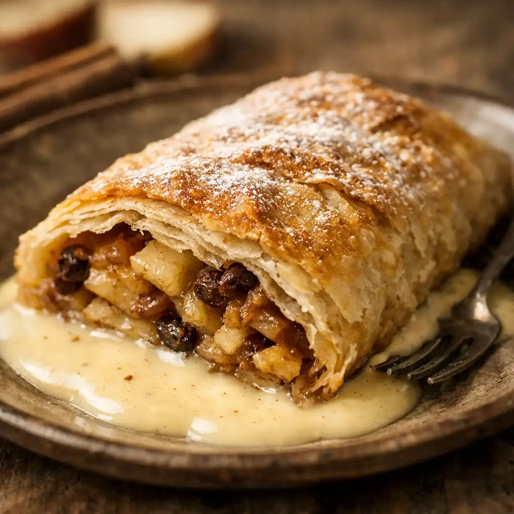 Apfelstrudel mit Rosinen und Zimt, serviert mit Vanillesauce