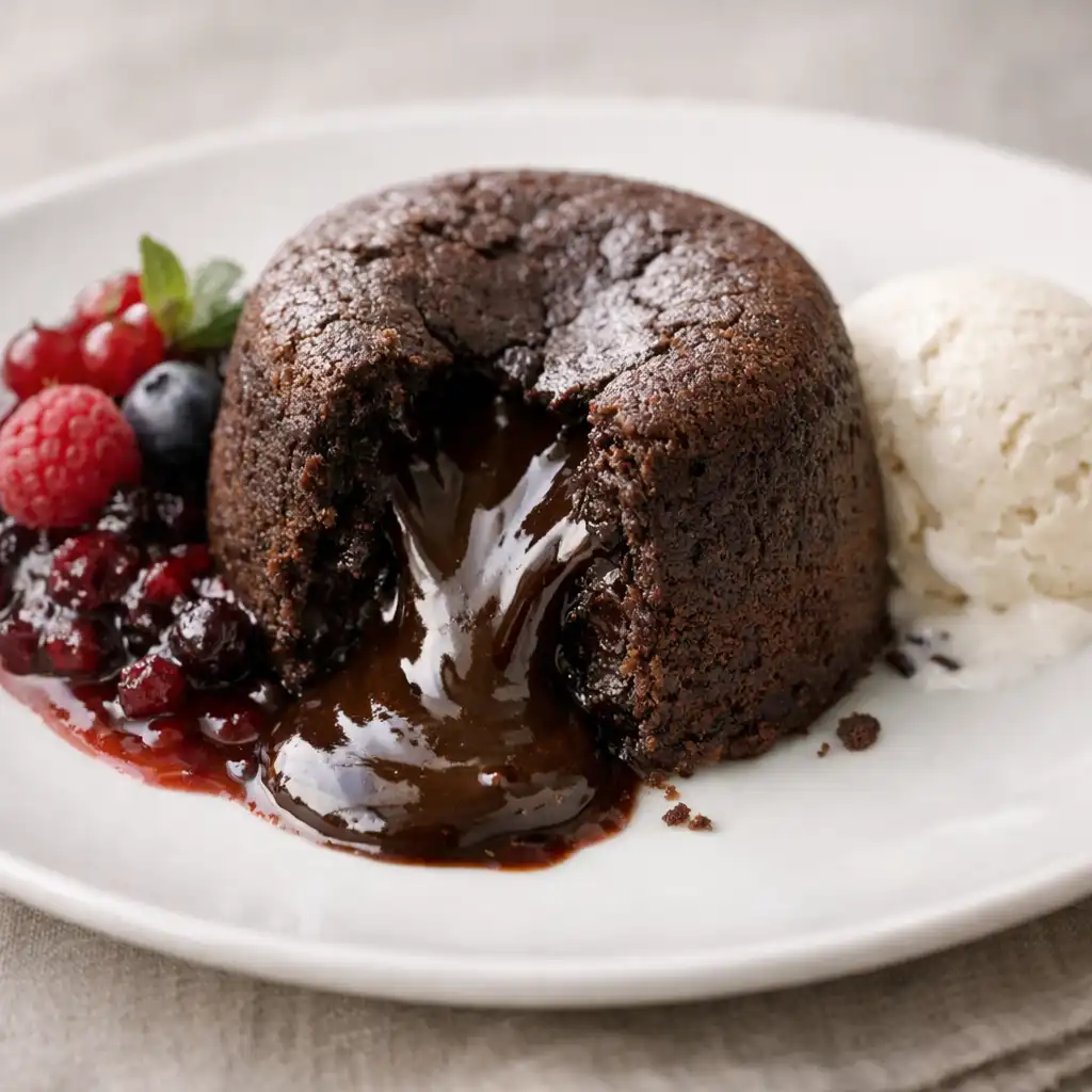 Schokoladenfondant mit flüssigem Kern, Vanilleeis und Beerenkompott