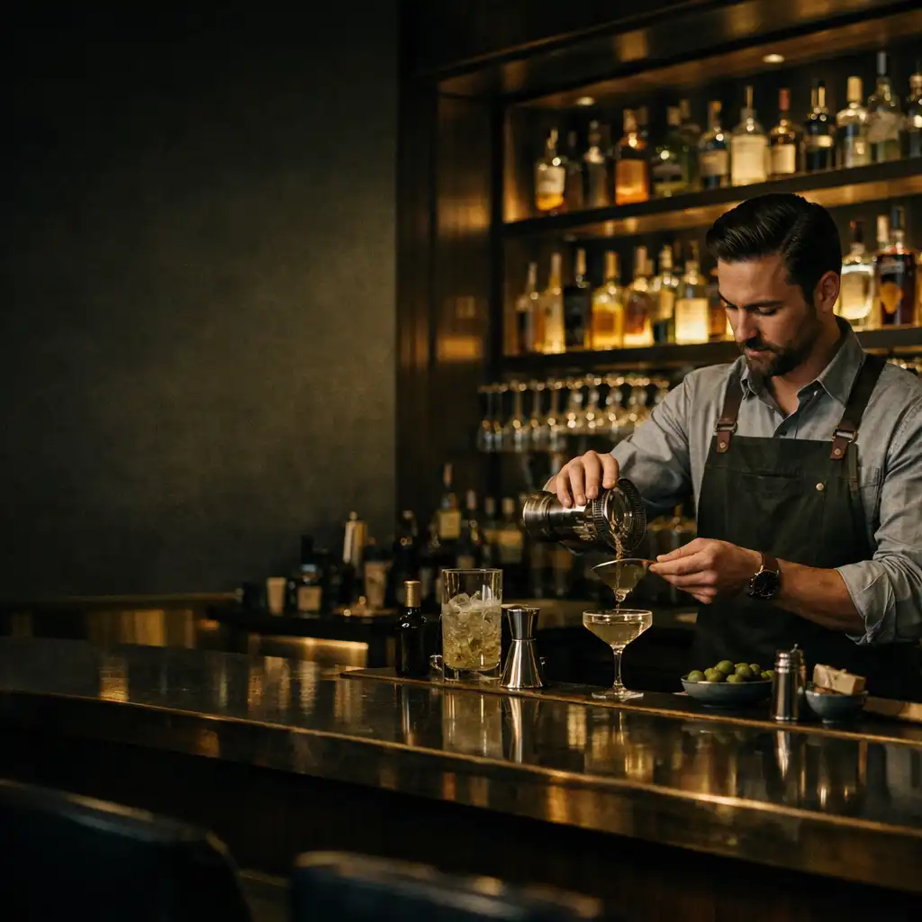 Elegante Bar von Gastro Lvex mit warmem Licht, edlen Spirituosen und einem Barkeeper bei der Cocktailzubereitung