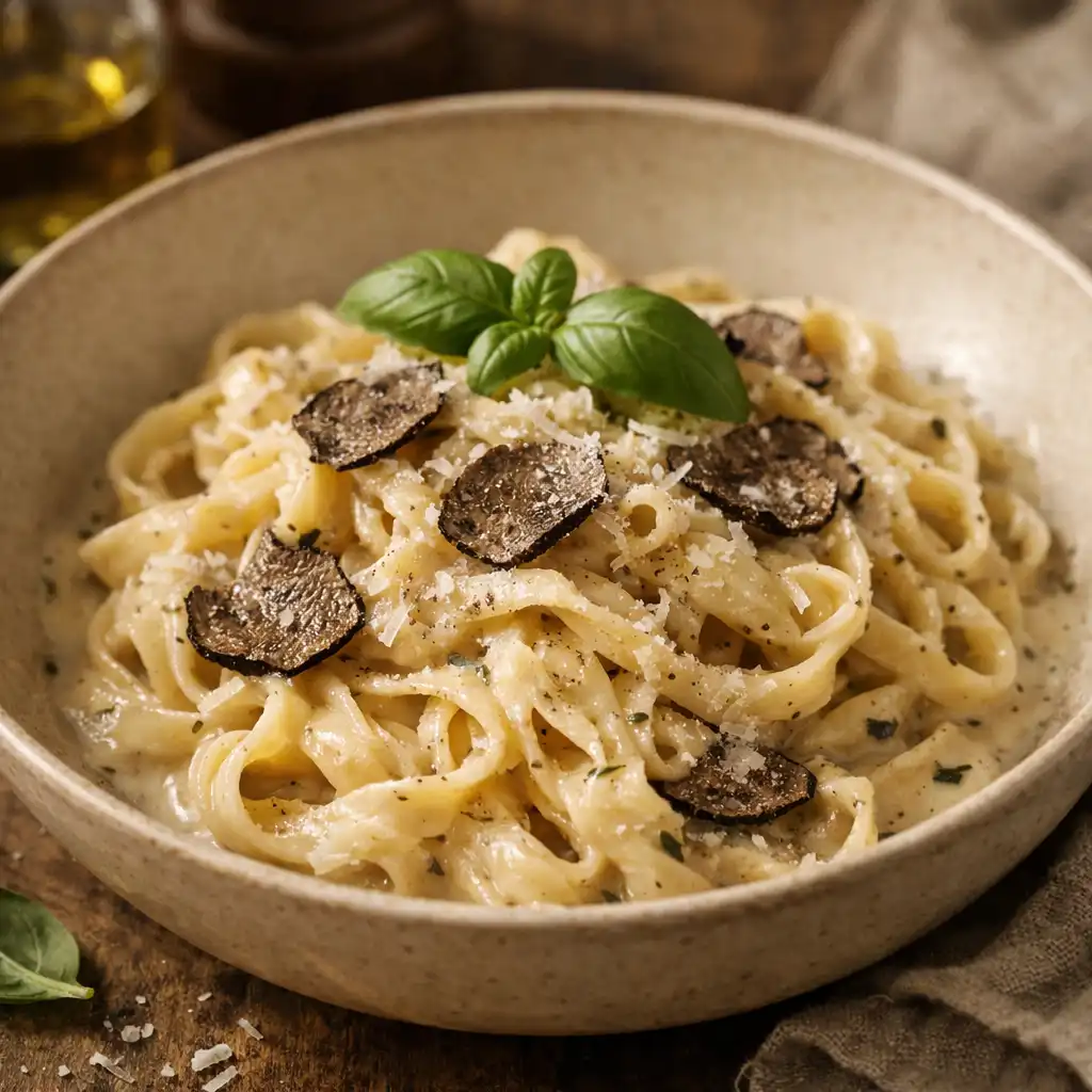 Vegetarische Trüffelpasta mit hausgemachten Tagliatelle und Parmesan