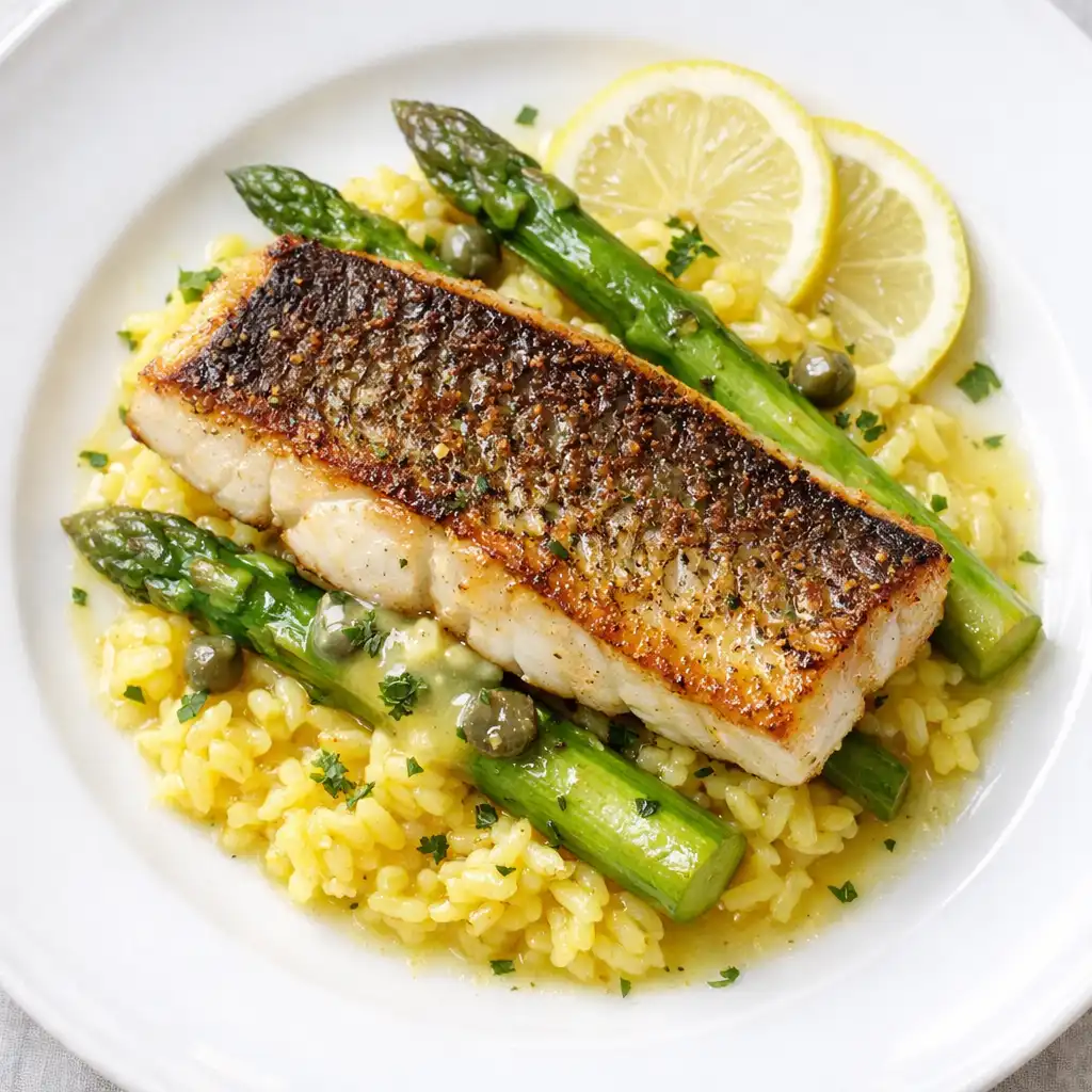 Gebratener Zander auf Safranrisotto mit grünem Spargel