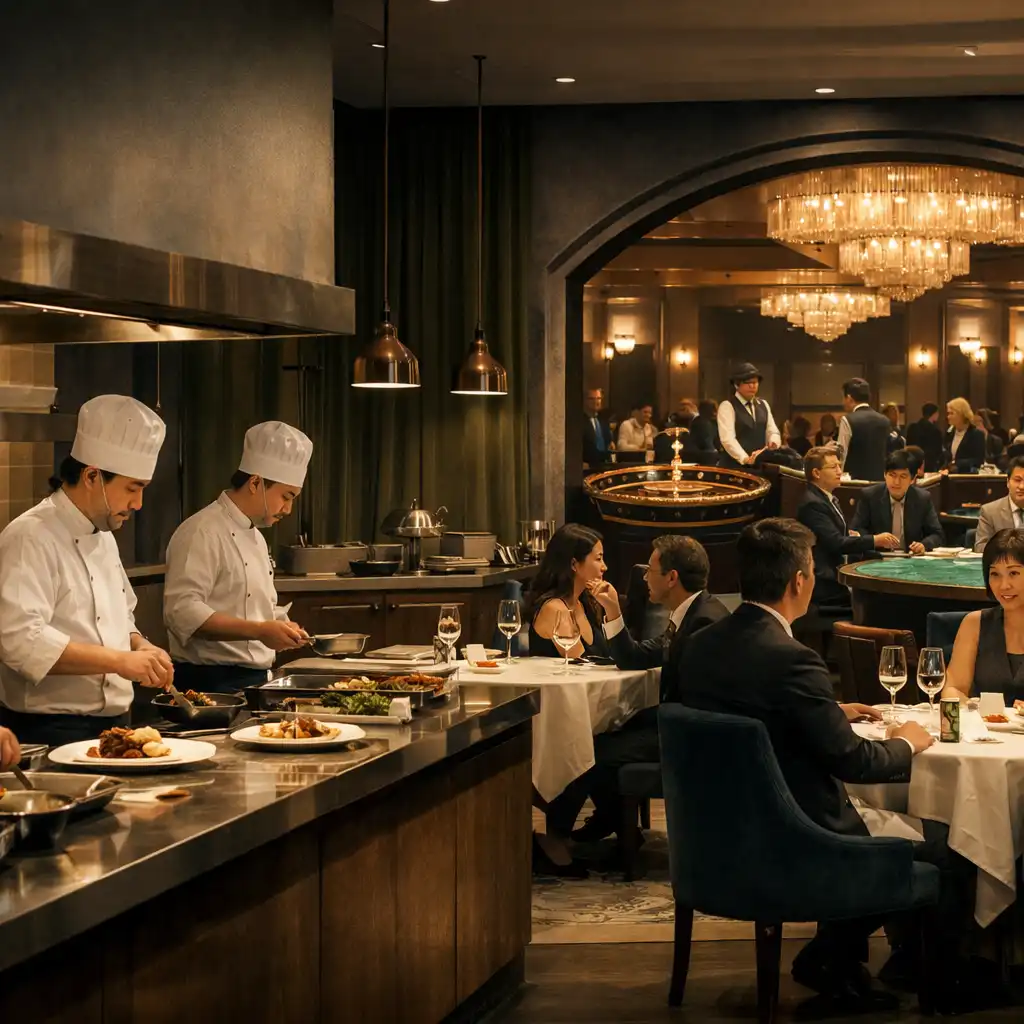 Helles modernes Restaurant mit offener Küche, Gästen und einem Durchblick in eine elegante Casino Lounge mit Poker-, Roulette- und Blackjack-Tischen