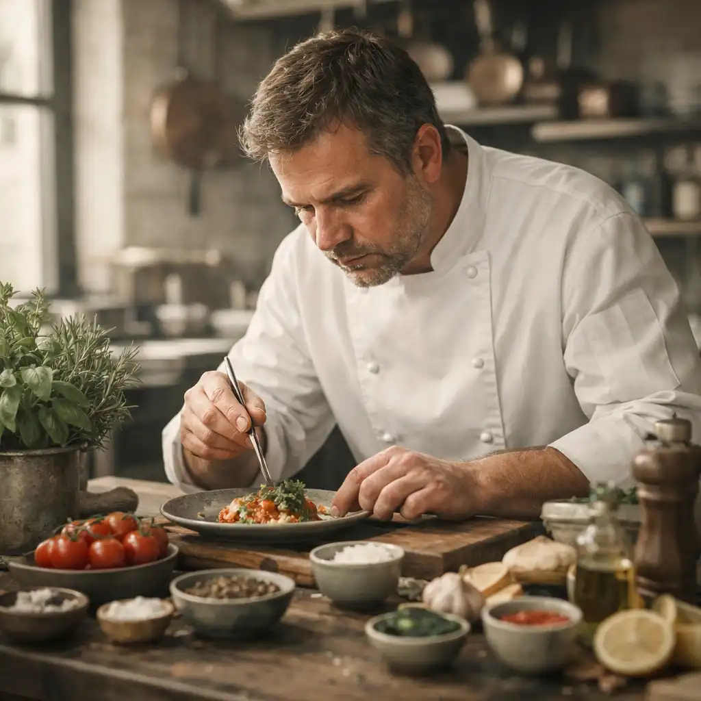 Küchenchef arbeitet konzentriert in der offenen Küche mit frischen Zutaten
