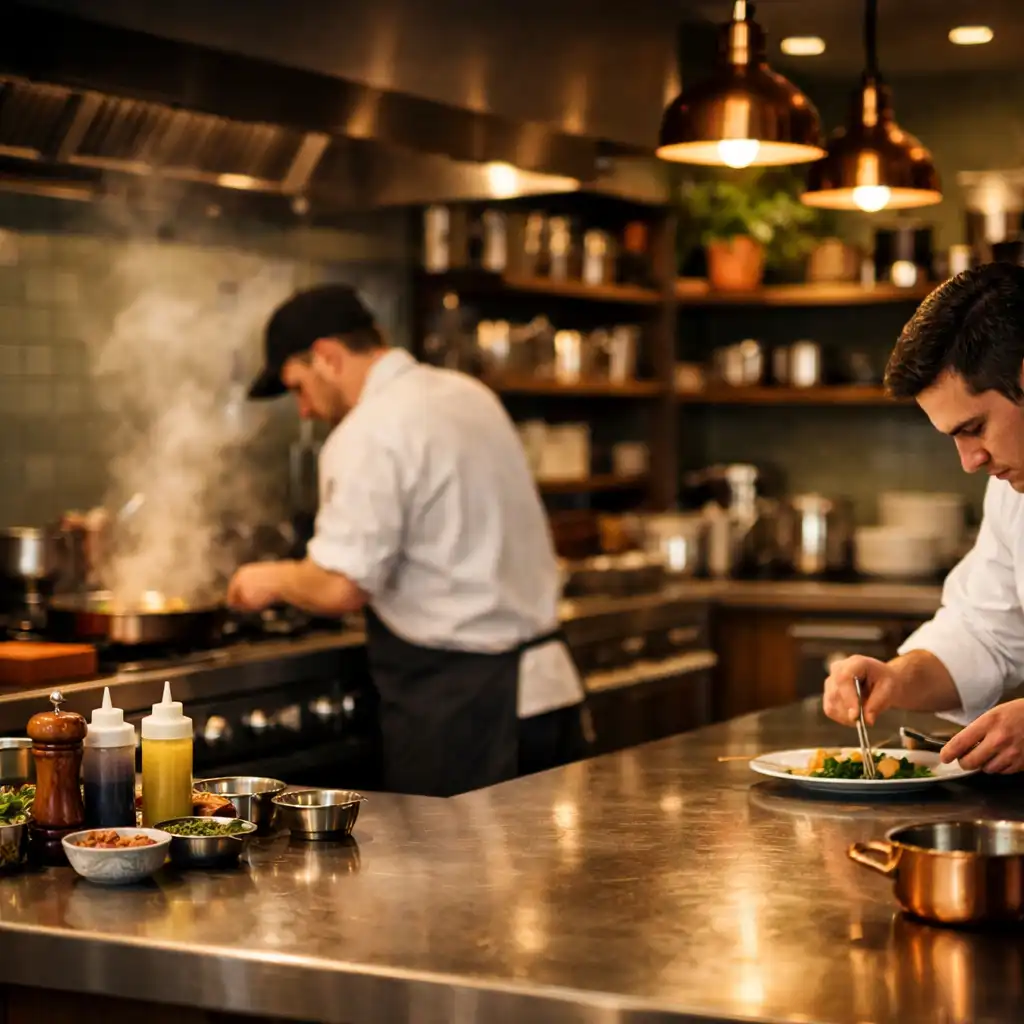 Offene Restaurantküche bei Gastro Lvex mit Köchen an modernen Edelstahl-Arbeitsflächen