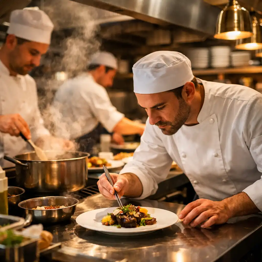 Köche arbeiten in der offenen Küche des Restaurant Gastro Lvex und richten ein Gericht präzise an