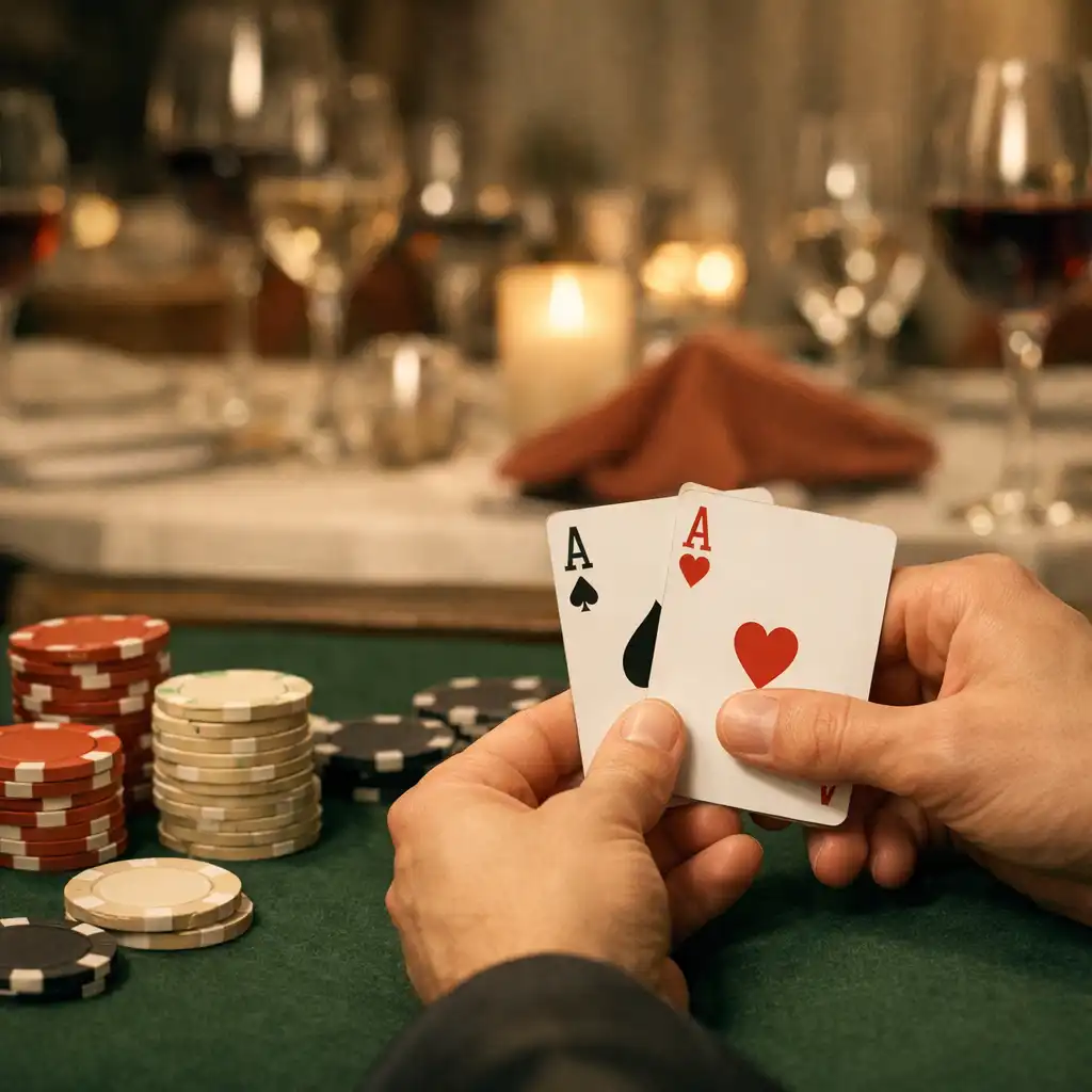 Hände halten Spielkarten an einem grünen Filztisch, im Hintergrund ein elegant gedeckter Restauranttisch