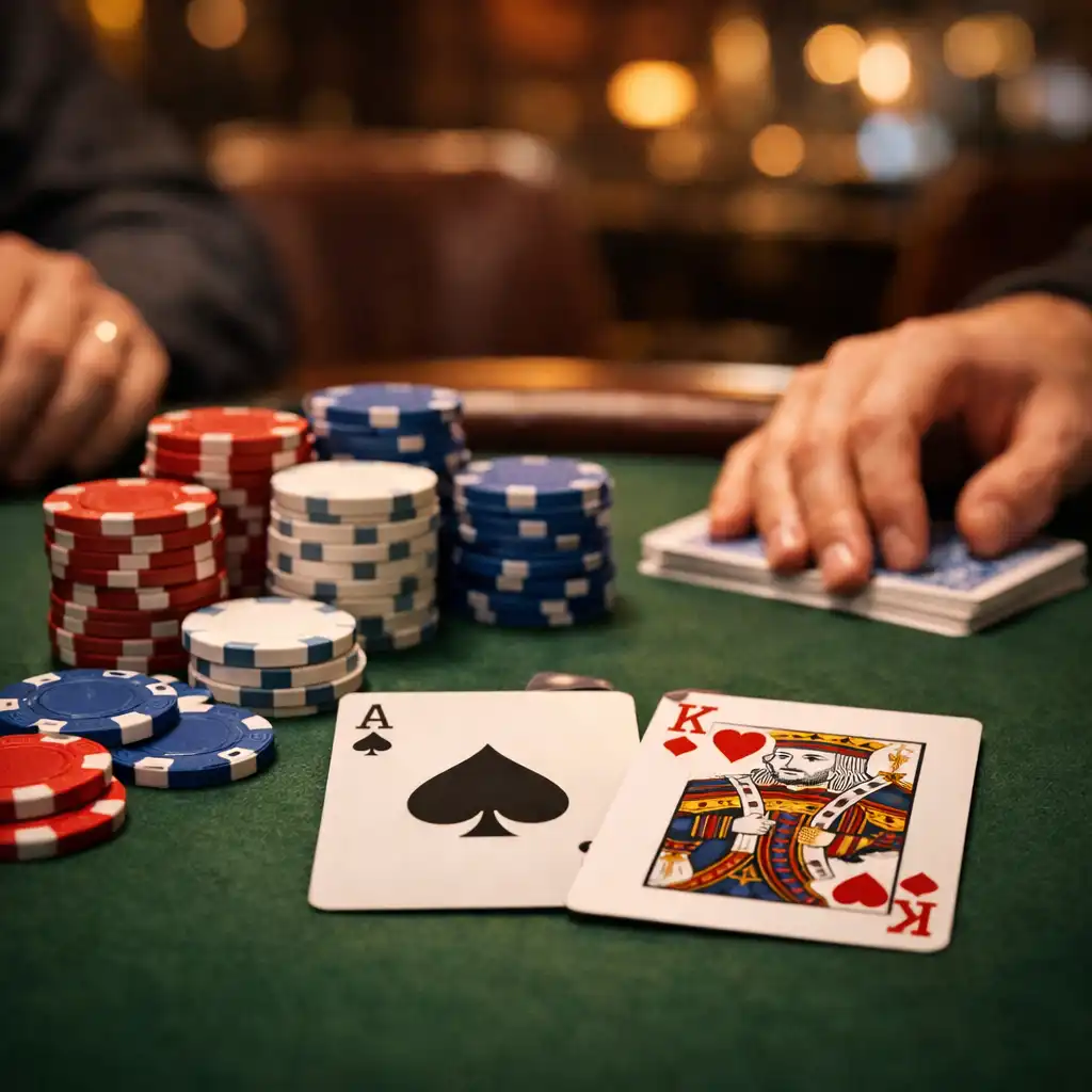 Nahaufnahme eines Pokertisches in einem lizenzierten Casino mit Karten und neutralen Chips