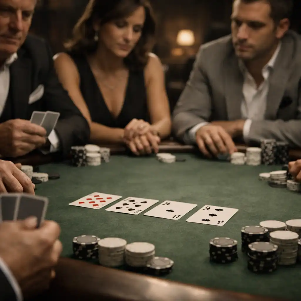 Pokertisch in der Casino Lounge mit Karten und neutralen Chips