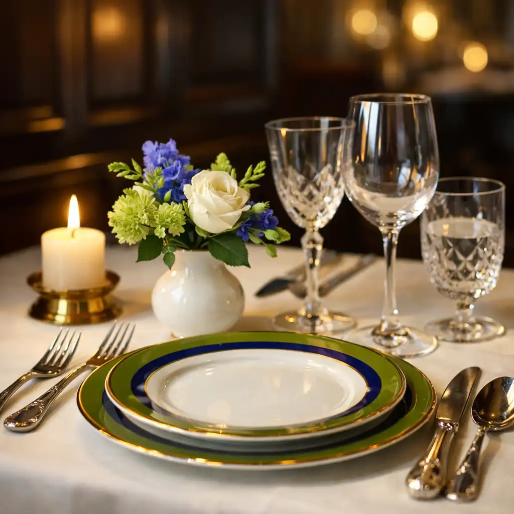 Gedeckter Tisch im Restaurant Gastro Lvex mit feinem Porzellan, Kristallgläsern und warmem Kerzenlicht