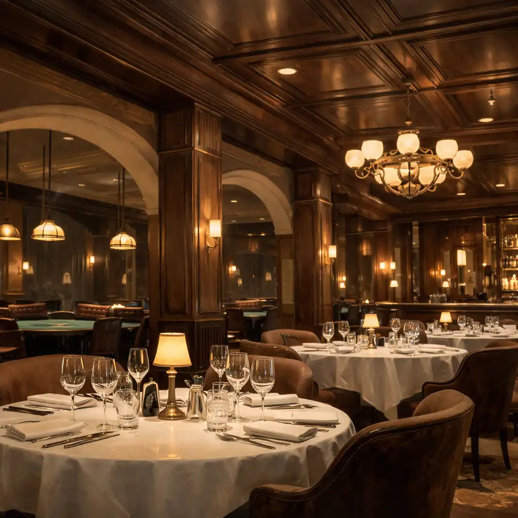 Zeitgenössisches Interieur des Restaurant Gastro Lvex mit warmem Licht, eleganten Tischen und edlen Materialien