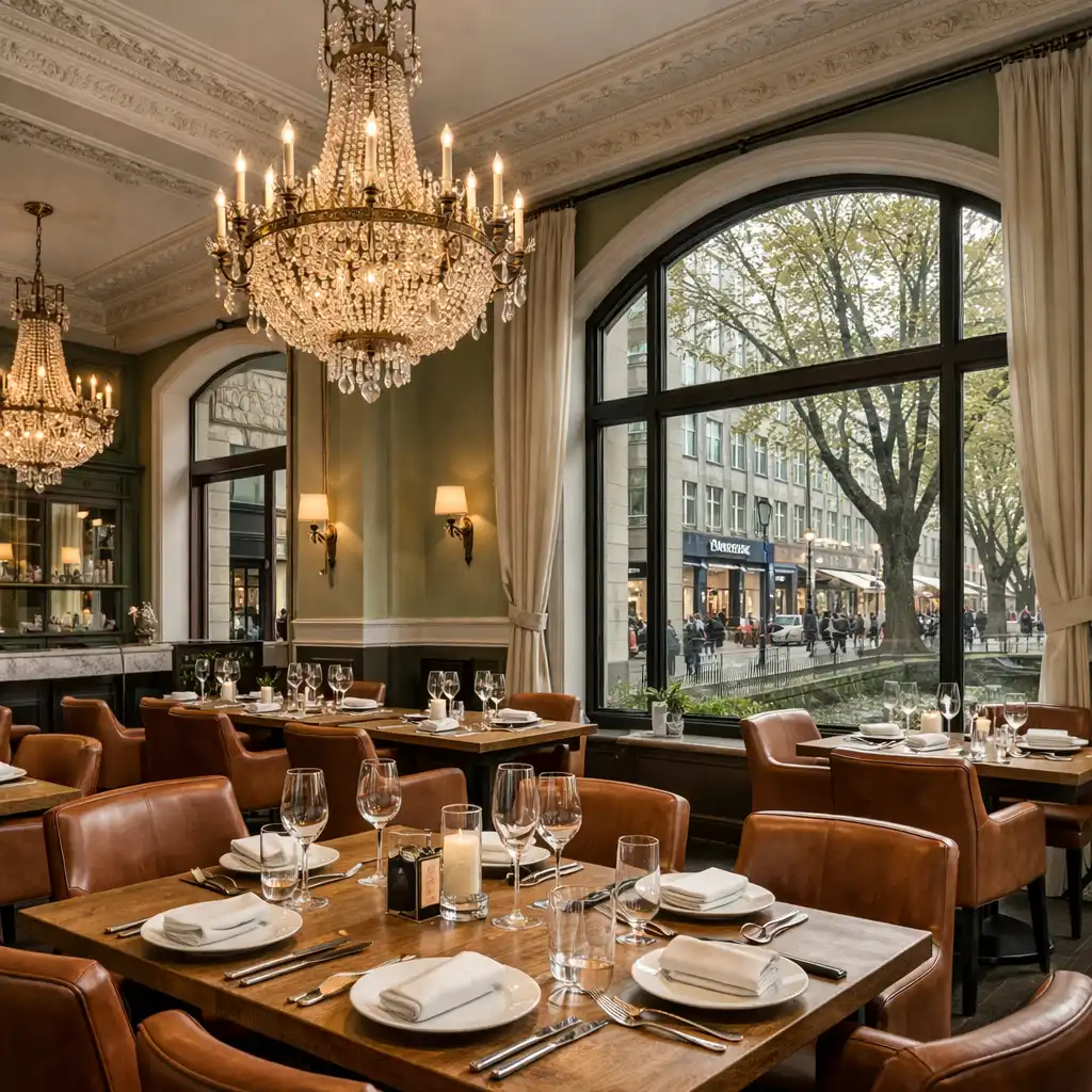 Elegantes Restaurantinterieur an der Königsallee mit warmem Licht, Eichentischen und Kristallgläsern