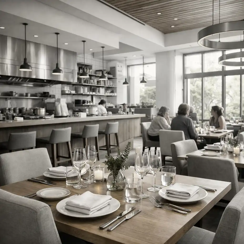 Helles, modernes Restaurant mit offener Küche und eleganten Tischen