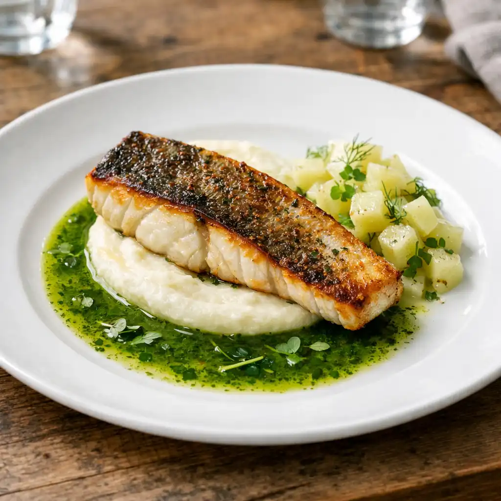 Gebratener Zander mit Selleriepüree, fermentiertem Apfel und Kräutersud