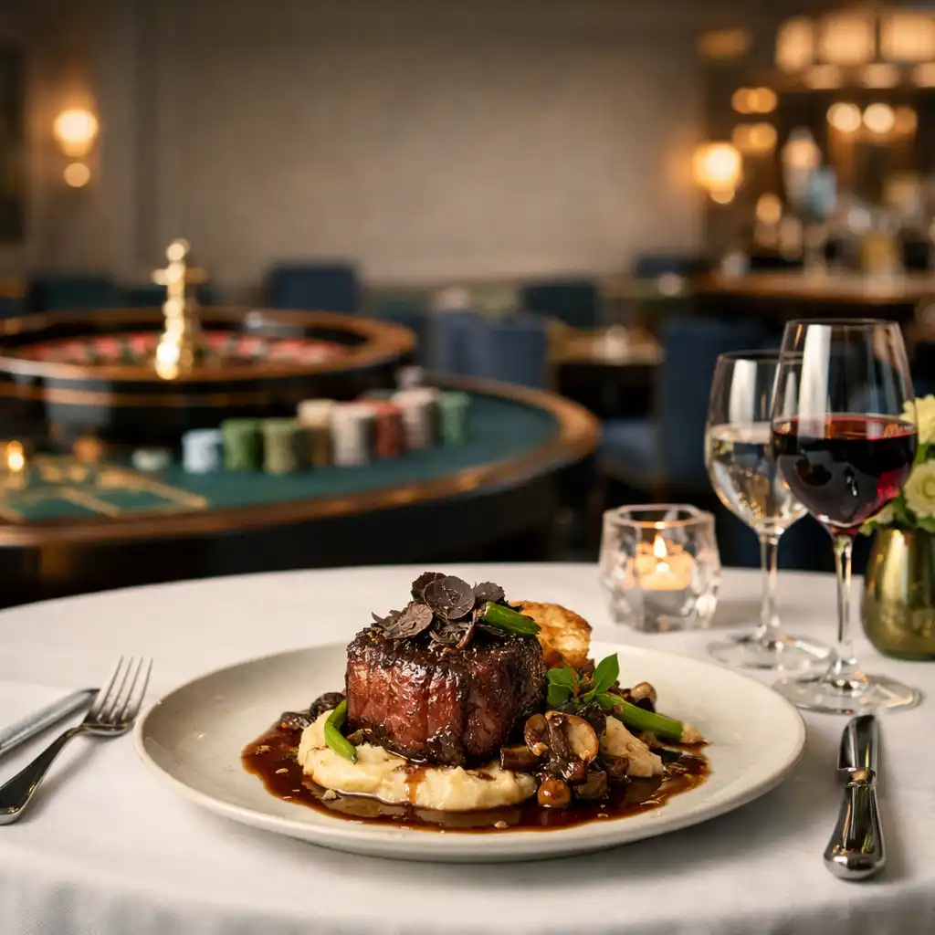 Elegant gedeckter Tisch mit einem Signature-Gericht und dezenter Casino-Lounge-Atmosphäre im Hintergrund