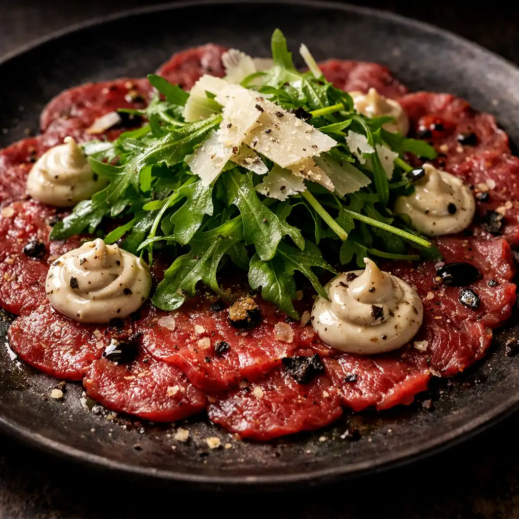 Rindercarpaccio mit Trüffelmayonnaise, Rucola und Parmesan