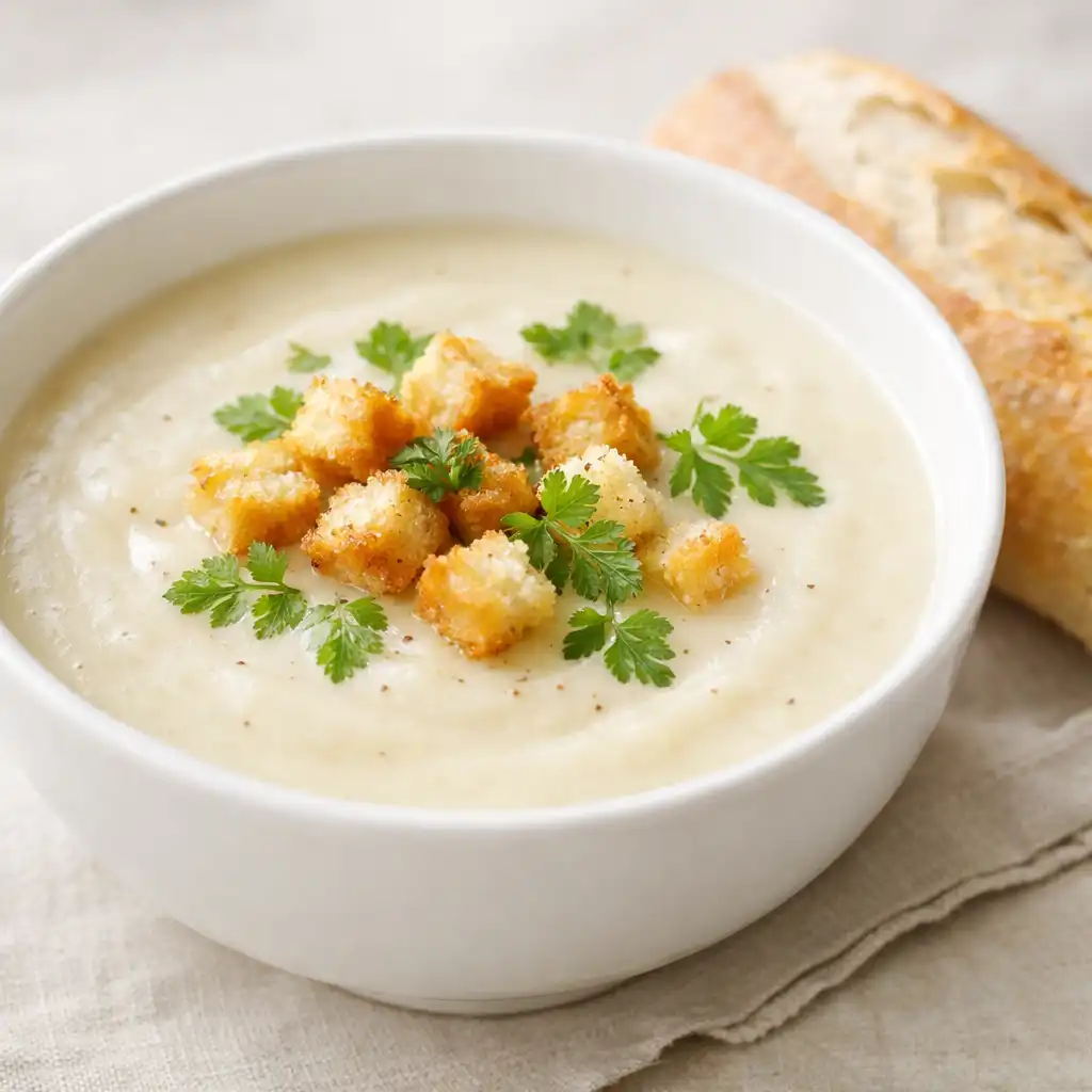 Spargelcremesuppe mit Kerbel und Croûtons